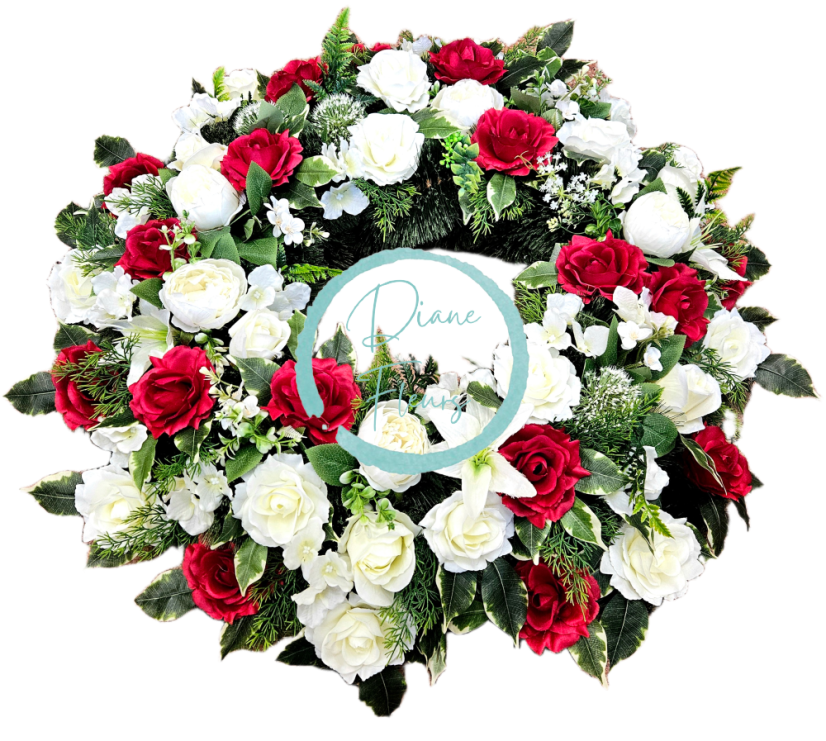 Погребален венец от бор, ексклузивни рози, божури и аксесоари 85 см AS1044