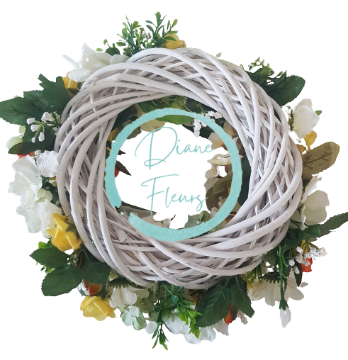 Luxusný prútený veniec ozdobený umelými margarétkami, hortenziami a alstromériou Ø 35cm
