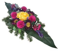 Kompozycja żałobna sztuczne chryzantemy, słonecznik, polne kwiaty i dodatki 80cm x 35cm x 20cm