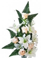 Umelá kytica ležatá ruže, ľalie a doplnky x18 74cm x 35cm krémová a ružová
