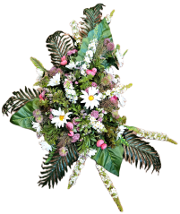 Großes Trauergesteck Exclusive aus künstliche Gänseblümchen, Chrysanthemen, Ranunkeln, Disteln und Accessoires 115cm x 90cm