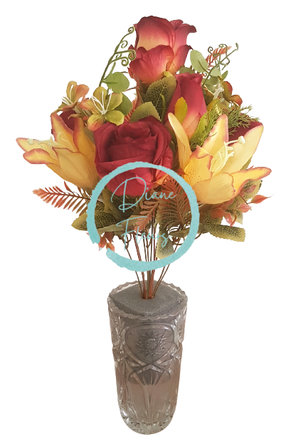 Buchet de Trandafiri & Crini x12 48cm burgundia & galben flori artificiale