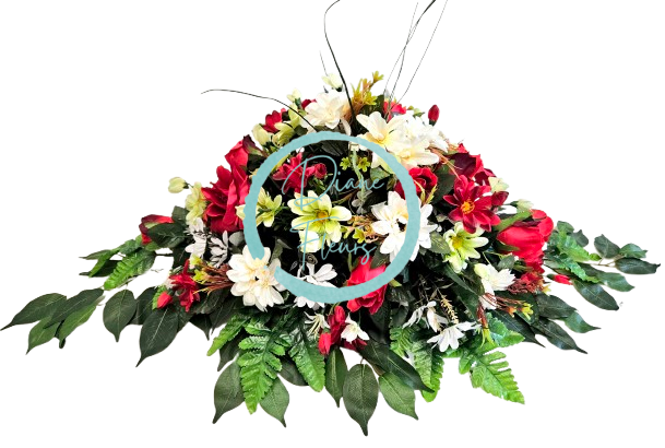 Veľký aranžmán umelé margarétky, ruže, gerbery a doplnky 90cm x 50cm x 28cm