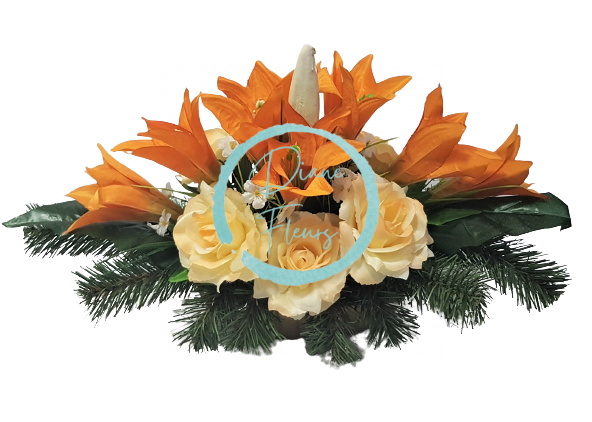Arrangement Dekoration mit künstlichen Rosen und Lilien und Zubehör 45cm x 20cm x 18cm