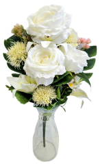 Buchet artificial exclusiv Trandafiri, Crini, Ciulin și accesorii x12 54cm x 30cm crem