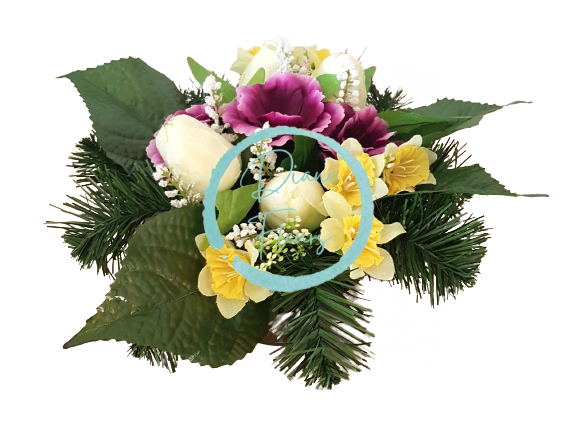 Trauergesteck aus künstliche Tulpen, Narzissen, Anemonen und Zubehör Ø 30cm x 16cm
