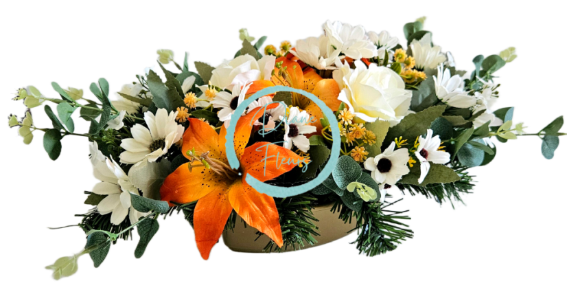 Trauergesteck aus künstliche Rosen, Gänseblümchen, Lilien und Accessoires 50cm x 35cm x 18cm AS1077