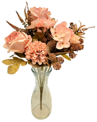 Изкуствен букет от рози, цинии и аксесоари 48 см розов