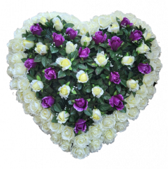 Coroana funerara „Inimă” din trandafiri 80cm x 80cm crem, violet flori artificiale