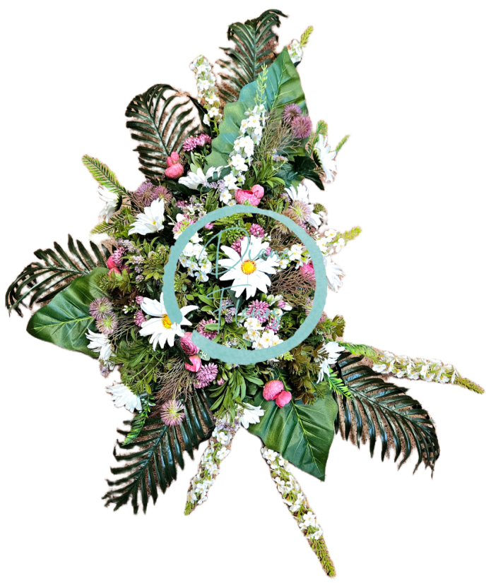 Velký a luxusní aranžmán umělé kopretiny, chryzantémy, ranunculus, bodlák a doplňky 115cm x 90cm AS1040