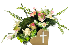 Smuteční aranžmán betonka umělé růže, lilie, anděl, mechový věnec a doplňky 50cm x 20cm x 25cm
