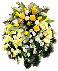 Smuteční věnec borovicový exclusive růže, tulipány, gladioly, jabloňové květy, bodlák a doplňky 70cm x 65cm AS1008