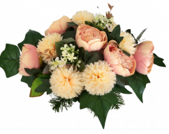 Trauergesteck aus künstliche Chrysanthemen, Pfingstrosen und Zubehör 40cm x 30cm x 20cm