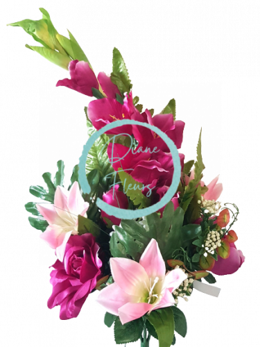 Luxusná kytica ležatá ruža, ľalia, gladiola a doplnky 70cm vínová a ružová