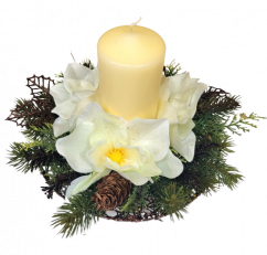 Weihnachtskomposition mit Kerze und Magnolia 23cm x 20cm