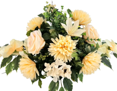 Groß trauergesteck aus künstliche Chrysanthemen, Rosen, Gladiolen und Zubehör 85cm x 45cm x 28cm