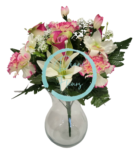 Bukiet Róż, Goździków, Lili i Orchidei x13 33cm bordowy, zielony, kremowy sztuczny