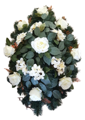 Künstliche Kranz Oval-förmig mit Rosen, Hortensien und Zubehör 75cm x 40cm Creme, Grün
