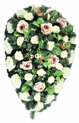 Coroană funerară cu trandafiri artificiali 100cm x 70cm roz, crem, verde
