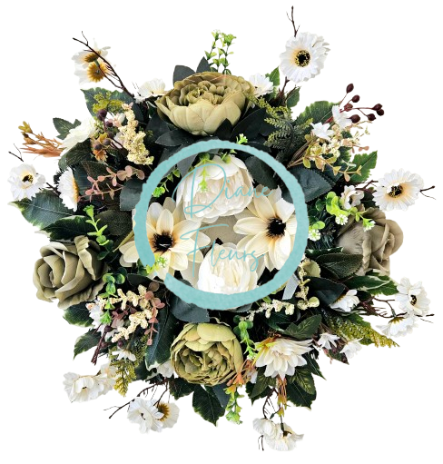 Věnec umělé růže, pivoňky, kopretiny, clematis a doplňky 50cm AS992