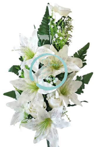 Umelá kytica ležatá ruže, ľalie a doplnky x18 74cm x 35cm krémová