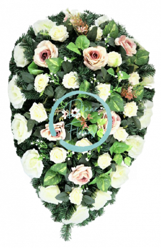 Pogrebni venec z umetnimi vrtnicami 100cm x 70cm roza, krem, zelen