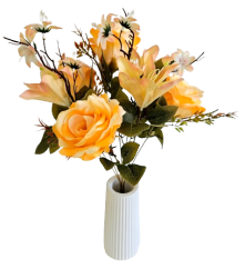 Buchet de trandafiri, margarete si crini x7 portocaliu 44cm flori artificiale