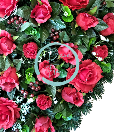 Smuteční věnec "Srdce" z umělých růží s bobulkami 80cm x 80cm červený