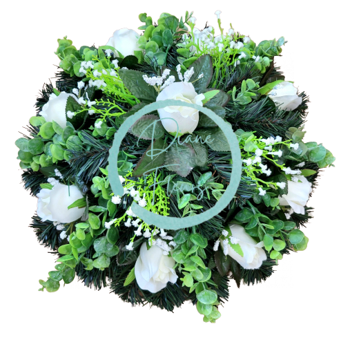Smútočný veniec "kruh" umelé ruže, eukalyptus a doplnky Ø 40cm