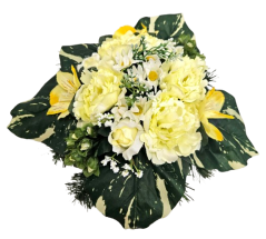 Trauergesteck aus künstliche Pfingstrosen, Rosen, Alstroemeria und Accessoires 30cm x 20cm