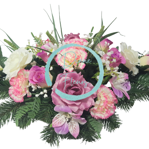 Kompozycja pogrzebowa ekskluzywne sztuczne róże, goździki i dodatki 60cm x 30cm x 25cm