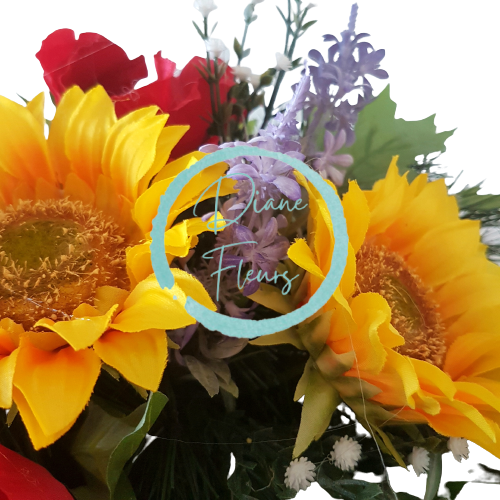 Smútočný aranžmán betonka exclusive umelé slnečnice, vlčí mak, levanduľa & doplnky 60cm x 30cm x 23cm