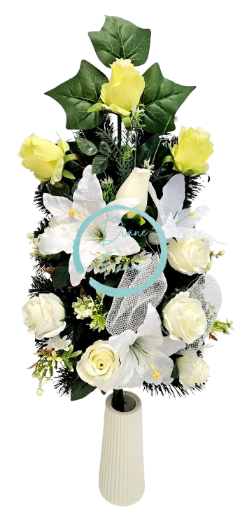 Umelá kytica pohrebná ruže, ľalie a doplnky 75cm x 35cm