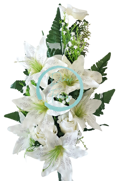 Umelá kytica ležatá ruže, ľalie a doplnky x18 74cm x 35cm krémová