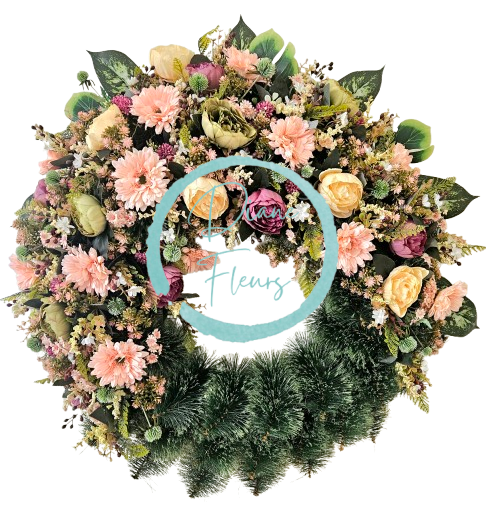 Luxusní smuteční věnec borovicový exclusive pivoňky, gerbery, rozchodník a doplňky 100cm AS1013