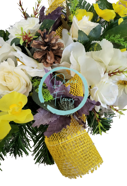 Sympathy arrangement made of artificial Orchids, Lilies, Roses and Accessories 65cm x 28cm x 16cm