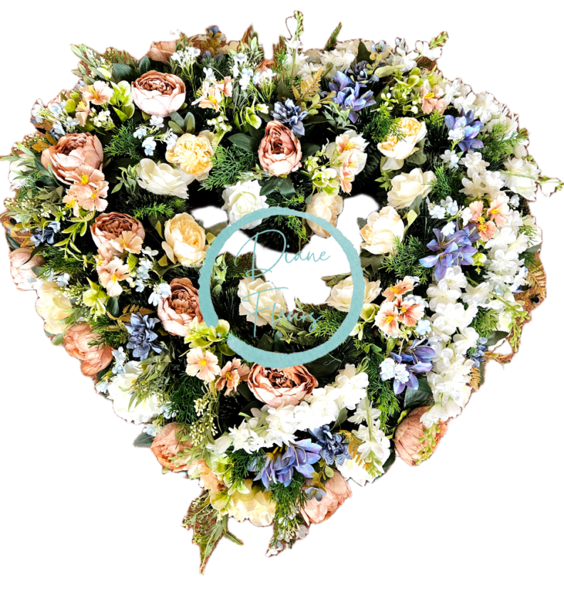 Coroană funerara de pin Inima Exclusiv Bujori artificiali, Trandafiri, Delphinium si Accesorii 100cm x 90cm