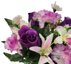 Bukiet róż, goździków, lilii i orchidei x13 33cm fioletowy sztuczny