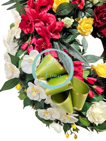 Luxusný smútočný veniec borovicový exclusive ruže, gladioly, orchidey a doplnky 80cm