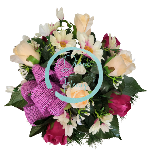 Sympathy arrangement made of artificial Marguerites Daisies, Roses and Accessories Ø 35cm x 35cm