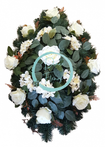 Pogrebni venec oval umetnih vrtnic, hortenzij in dodatkov 75cm x 40cm krem, zelena