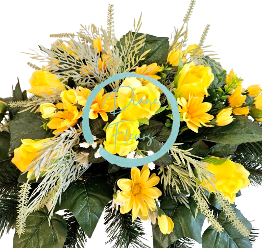 Luxusný aranžmán betonka umelé ruže, margaréty, orchidey a doplnky 100cm x 45cm x 28cm