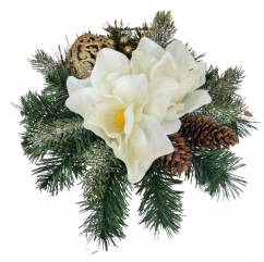 Trauergesteck aus künstliche Magnolia, Beeren, Weihnachtskugel und Zubehör 28cm x 18cm