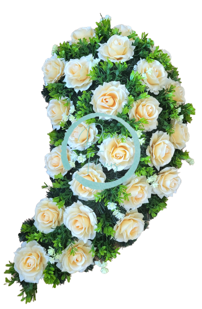 Coroana funerara „Lacrimă” din trandafiri si accesorii 80cm x 40cm