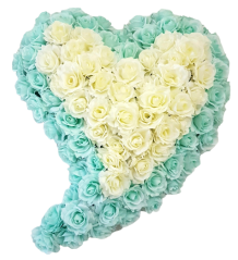Wianek żałobny "Serce" wygięty ze sztucznych róż 65cm x 70cm turkusowo-kremowy