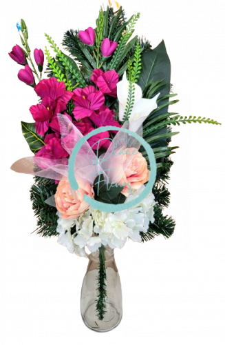 Artificial funeral hand bouquet of gladiolus, calla, hydrangea, peonies and accessories 73cm x 35cm