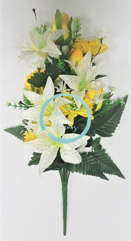 Kytice Lilie & Růže & Dahlie x12 47cm bílá & žlutá umělá