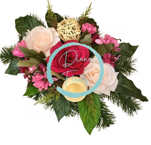 Trauergesteck aus künstliche Rosen, Gänseblümchen und Zubehör 45cm x 28cm x 15cm