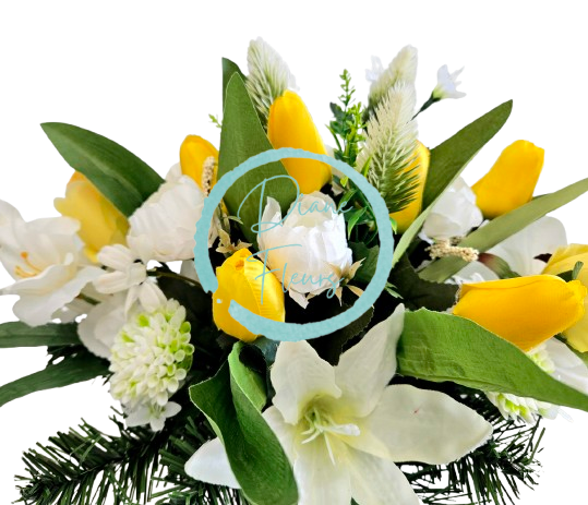 Aranžmán betonka umělé tulipány, lilie, růže, mečíky gladioly a doplňky 60cm x 33cm x 29cm AS989