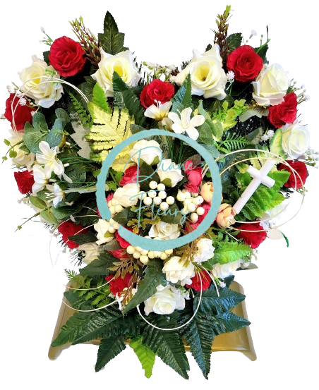 Artificial Sympathy wreath on a stand "Heart -shaped" Roses & Peonies & accessories 45cm x 40cm